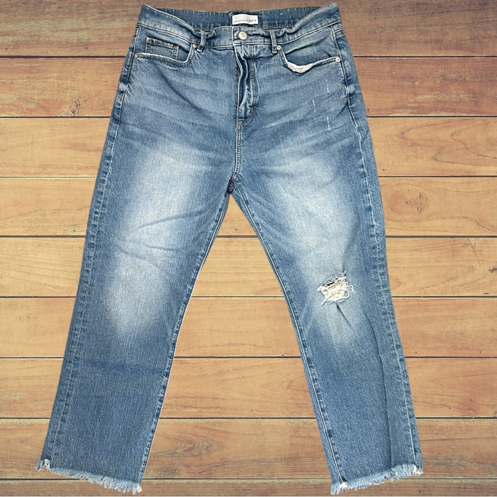 LOFT Light Blue Distressed Ankle Jeans The Straight Crop Tummy Control